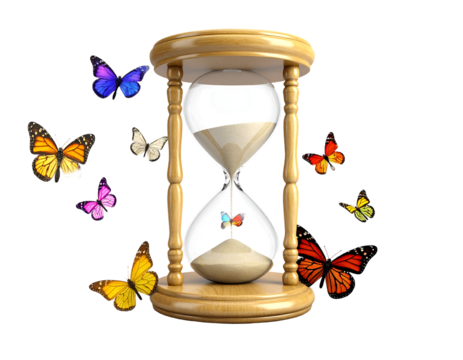 Colorful Butterflies Surround Hourglass
