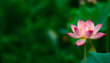 Fototapeta premium Photo of a lotus flower on a green background with an empty space. for the text. The flower on the right