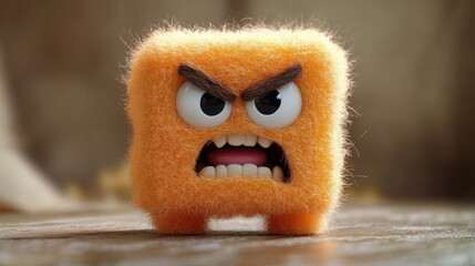 small fluffy orange cube character with angry expression standing on wooden surface