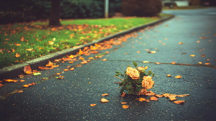 A discarded bouquet of peach roses lies on a rain-slicked autumn street, surrounded by fallen leaves.  The image evokes feelings of loss or heartbreak.