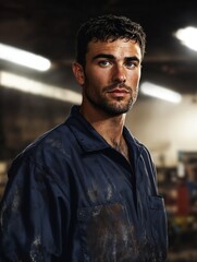 Factory Worker in Dirty Overalls Standing in Industrial Workshop – Skilled Labor, Mechanical Engineering, Manual Work, Industrial Profession, and Masculine Technical Aesthetic


