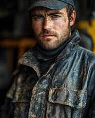 Obraz premium Portrait of a serious young man wearing a dirty cap and mud-splattered work jacket in a dimly lit industrial setting