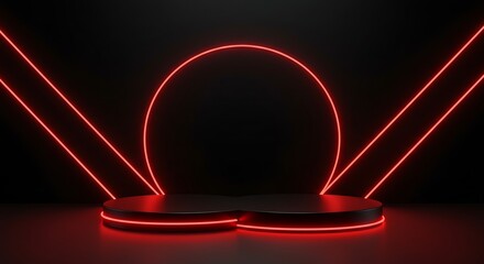 Two dark circular platforms with glowing red neon rings are set against a dark background with dramatic red neon lines and a large circle, creating a sleek, futuristic display stage.