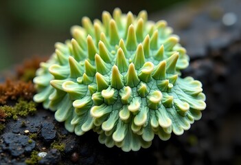 Spiky Green and Yellow Lichen Cluster Growing on Dark Wood with Mossy Surroundings. Generated by AI
