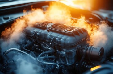 Car engine emitting smoke and steam indicating overheating with warm sunlight in background