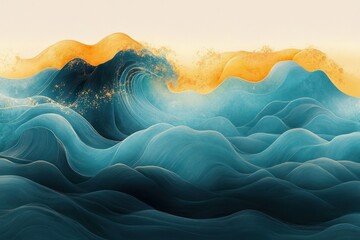 Abstract ocean waves with flowing blue and orange hues blending together, evoking a dynamic and serene marine atmosphere
