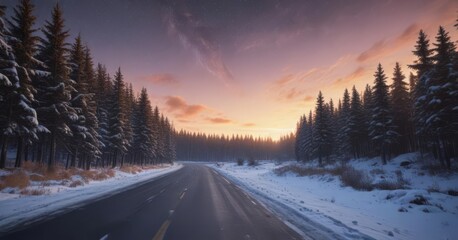Asphalt road cuts through snowy forest, vibrant sunrise & Milky Way above , cold, scene, color