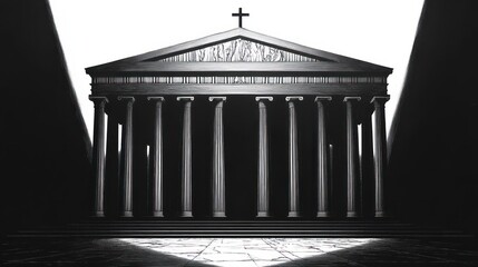Black and white image of a classical temple with tall columns and a cross on top illuminated by dramatic lighting creating strong shadows