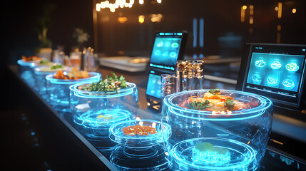 A futuristic restaurant with a blue counter and a variety of food items