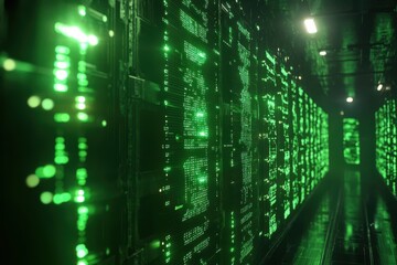 Fototapeta premium Futuristic Data Center Displaying Encrypted Blockchain Technology and 3D Rendered Visuals