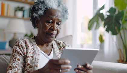 Elder's digital world: An elderly woman immersed in her tablet device, exploring the digital world from the cozy comfort of her home, embracing technology and connectivity.