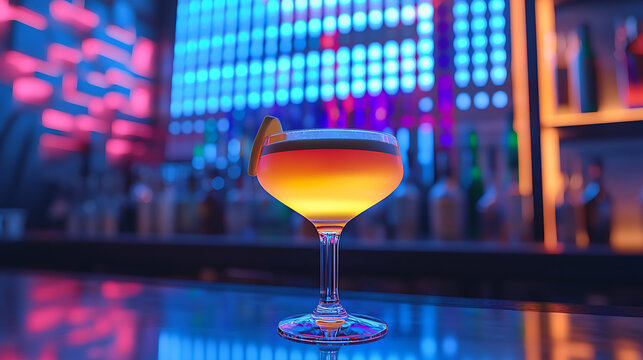 A glass of liquor with a slice of lemon in it sits on a bar counter - Powered by Adobe