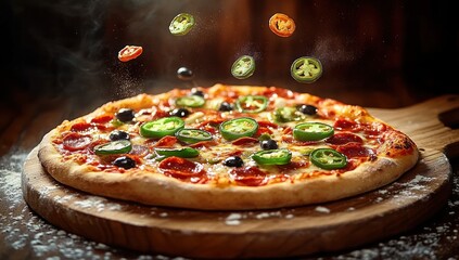 Freshly baked pepperoni pizza topped with sliced jalapeños and black olives on a wooden board with slices falling onto the pizza, creating a warm and appetizing atmosphere