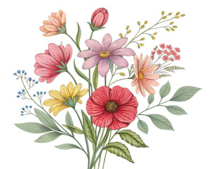 Colorful Flower Bouquet with Various Blooms and Green Leaves on Transparent Background