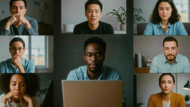 Diverse group of individuals engaged in a virtual meeting, sharing ideas and expressions of focus