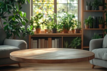 Cozy indoor living space with a round wooden coffee table centered between two grey sofas, surrounded by lush green potted plants and natural light from large windows