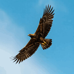 Obraz premium Majestic golden eagle soaring high against a bright blue sky, showcasing freedom and power.