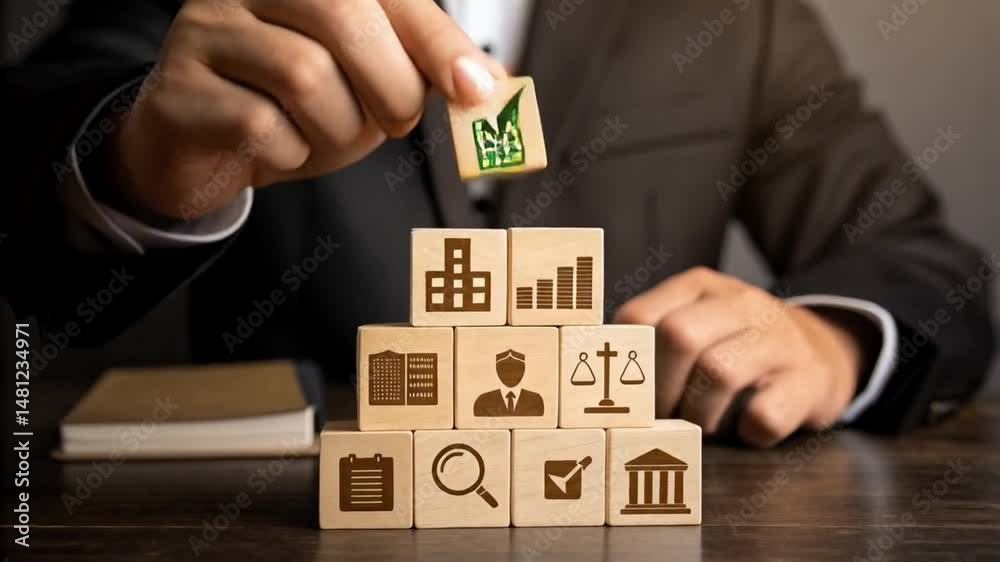 Aufkleber man stacks wooden blocks with business icons on a table in a suit jacket and a book is nearby