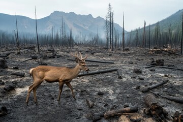 Forest fire aftermath, elk navigating a charred landscape.
