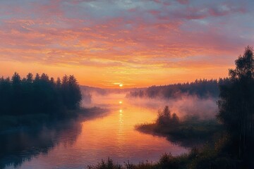 Fototapeta premium Calm river flowing through dark forest landscape at colorful sunrise with mist rising above the water
