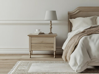 Cozy bedroom with wooden bedside table, lamp, and stylish decor in a modern setting