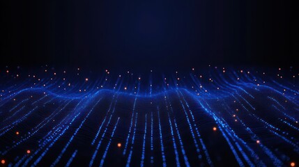 Abstract digital landscape with flowing blue lines and glowing orange dots creating a wave-like pattern on a dark background