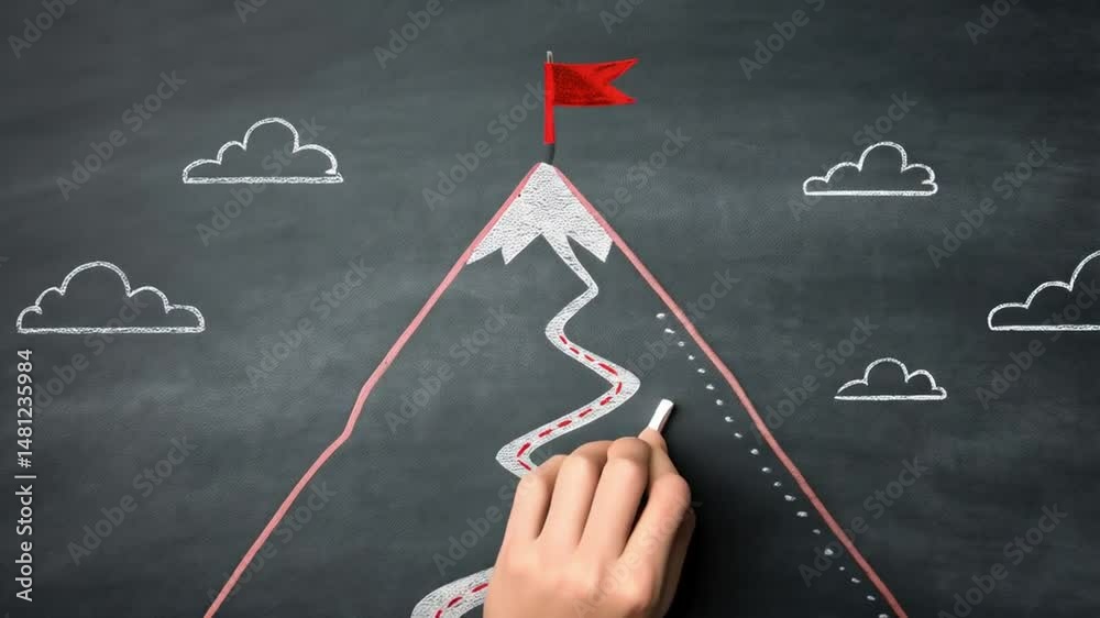 Poster hand drawing mountain with flag on chalkboard with clouds and a winding road to the top