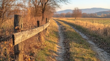 Fototapeta premium Aged Wooden Fence and Dirt Path in Autumn Countryside