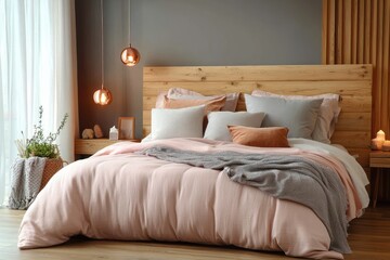 Cozy modern bedroom with wooden headboard, soft pink bedding, multiple pillows, warm hanging pendant lights and indoor plant by sheer window