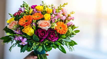 Vibrant bouquet of assorted flowers, including roses, gerberas, and snapdragons, held in hand against a soft, bright background. Perfect for celebrations, cards, and floral design.