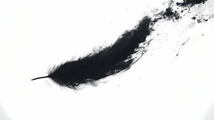 Fototapeta premium Single black feather floating on white background; studio shot for design. [Steamspire Wastes] | Sootcore Vents | black plume. Illustration