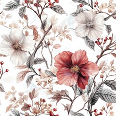Delicate floral pattern, featuring muted tones of blush, rose, and cream on a white background, with detailed blossoms, leaves, and berries
