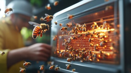 A beekeeper tending to a hive inside a metal frame surrounded by flying bees in a close up shot view.