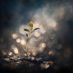 A poetic rendering of a tiny seedling reaching upward, surrounded by diffused light and soft textures, transparent PNG