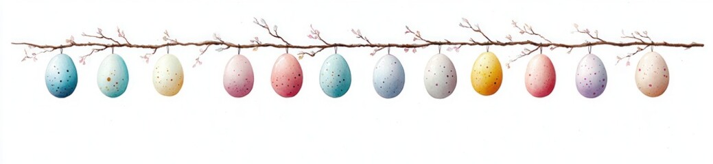 Fototapeta premium A delicate horizontal branch adorned with eleven pastel-colored speckled eggs hanging evenly, evoking a gentle, calm, and festive springtime atmosphere