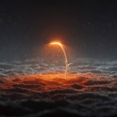 A surreal digital artwork of a glowing seedling emerging from rich soil, representing renewal, super-resolution PNG