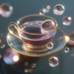 A surreal tea-inspired composition featuring floating droplets infused with radiant light effects, super-clean PNG