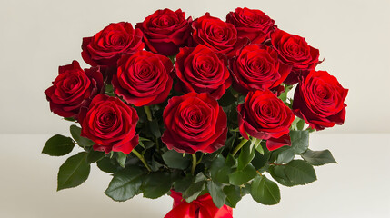 Obraz premium A dozen deep red roses arranged in a lush bouquet, tied with a red ribbon. Perfect for Valentine's Day, anniversaries, or romantic gestures.