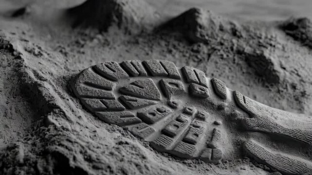 Monochromatic shot depicts a detailed footprint, pressed deeply into a fine layer of gray sand.  Unique shoe tread pattern visible.