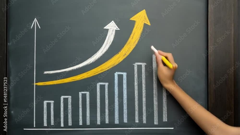 Poster hand drawing a yellow arrow and bar graph on a chalkboard representing growth and positive trends