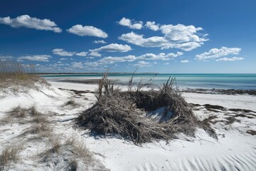 Coastal dune landscape with a nest of dry vegetation.
