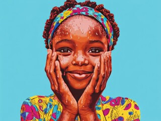 Joyful African girl, adorned in vibrant patterns, expresses happiness.