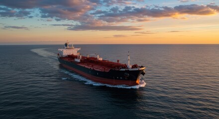 Fototapeta premium Oil tanker navigating the ocean representing global trade and transportation, with sunset sky