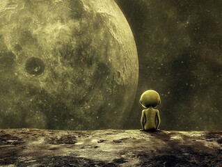 Lonely alien contemplates a massive moon in the vast cosmos.