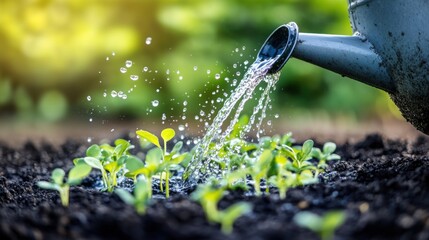 A watering can pouring water onto fresh green sprouts, symbolizing care and agricultural growth, blurred background,