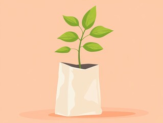 Sprout emerging from a crumpled paper bag.