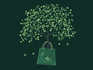 Green tree with leaves and a shopping bag, representing sustainability.