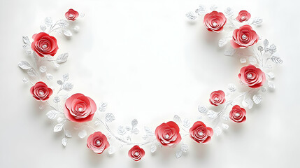Obraz premium Elegant coral paper roses and silver leaves arranged in a half-circle frame on a white background, perfect for wedding or celebration invitations.
