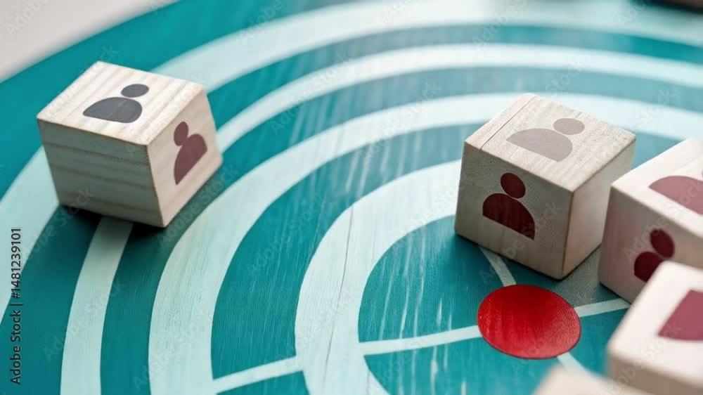 Poster Wooden blocks with person icons on a target with a red center on a blue and white background surface