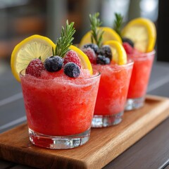 Bold lemonade presentation with frozen fruit garnish